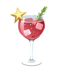Elegant Festive Cranberry Cocktail with Star Garnish and Rosemary Sprig in a Wine Glass for Christmas Celebration - Vector Illustration