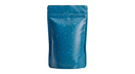 A blue pouch with an unknown substance is displayed on a white background from a front viewpoint