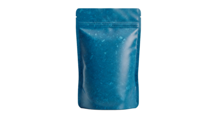 A blue pouch with an unknown substance is displayed on a white background from a front viewpoint