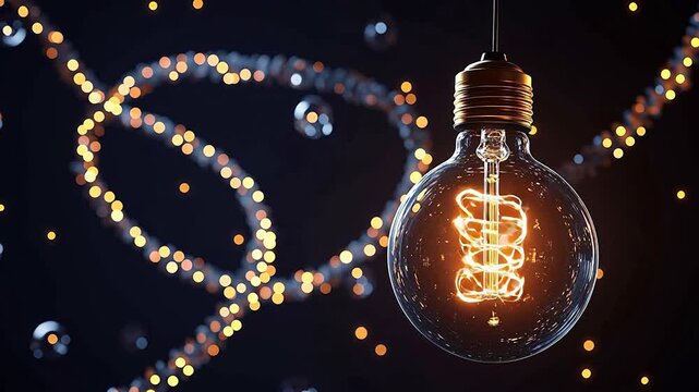 Light bulb with glowing filament and decorative lights