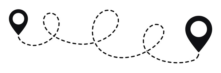 Two black location pin icons with a dashed line showing a winding route between them, journey or travel path concept