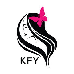 KFY Elegant Woman Hair Logo with Butterfly. KFY Beauty Salon, Hairdresser & Feminine Brand Identity KFY Modern Beauty Design.
