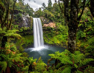 Lush waterfall cascading into a tranquil pool, framed by lush ferns and trees