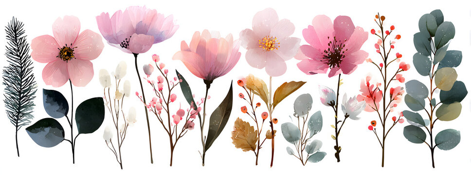 Set of floral elements. Romantic flower collection with flowers, twigs, leaves, herbs and berries. Vector design isolated on white background.