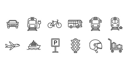 Transportation icons set vector illustration of car train bicycle bus airplane ship and more