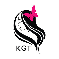 KGT Elegant Woman Hair Logo with Butterfly. KGT Beauty Salon, Hairdresser & Feminine Brand Identity KGT Modern Beauty Design.
