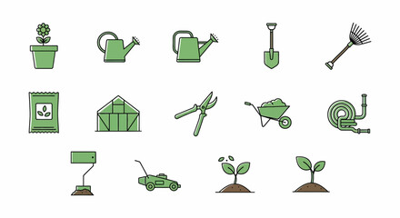 Gardening tools and equipment vector icons set for agriculture planting and horticulture design