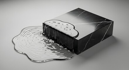 Thick black marble cube with white veining is melting, forming a rippled puddle of clear, reflective liquid on a light gray surface.