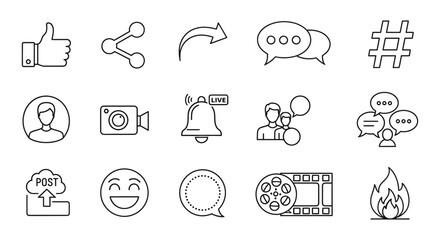 Social media marketing icons vector set like share comment live post and more line art