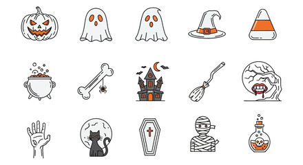 Halloween vector icons set spooky pumpkin ghost witch hat and haunted house design elements