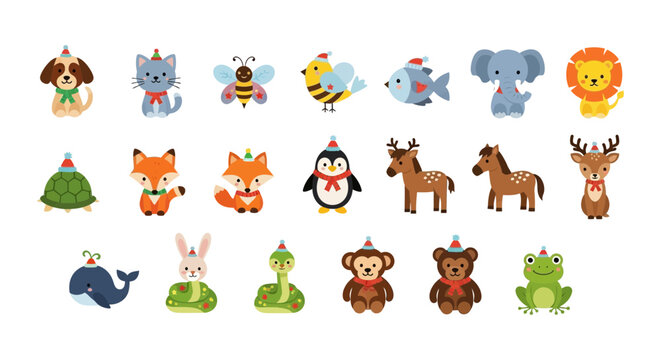Cute cartoon animals wearing party hats vector illustration set for birthday celebration - Powered by Adobe