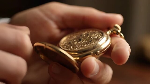 Person holding a gold pocket watch close up