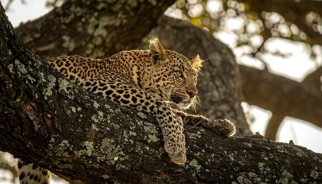 A spotted leopard is resting lazily on a mossy tree branch basking in the sunlight