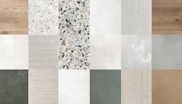 Grid of 15 tile samples with varied textures and colors, including wood, terrazzo, concrete, fabric and solid tones, arranged in three rows for interior design inspiration.