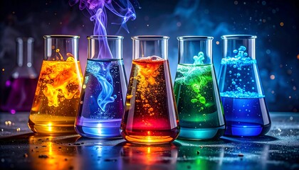 A row of Erlenmeyer flasks filled with colorful swirling liquids, illuminated against a dark backdrop with smoky effects