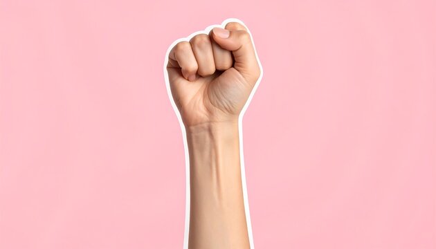 A raised fist with a white outline is centered against a light pink background in a studio shot - Powered by Adobe