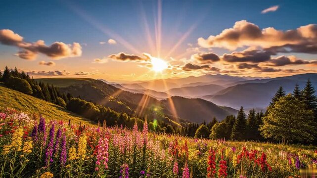 landscape painting of a mountain vista during golden hour. The foreground teems with pink, yellow, purple, and red wildflowers gently swaying. A verdant slope leads to a plateau with more flora and tr