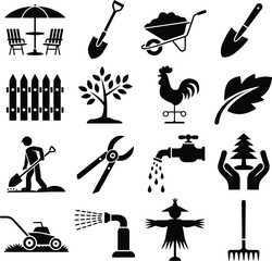 Collection of black and white garden and outdoor activity icons set