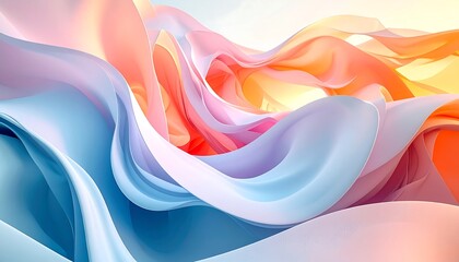 A vibrant abstract composition features flowing, translucent fabric in a gradient of warm and cool colors, with soft lighting