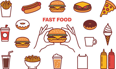 Collection of delicious fast food items and drinks on a white background