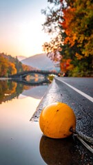 A vibrant autumnal scene of a yellow buoy, a bridge, and a road reflecting the colorful foliage and warm sunset