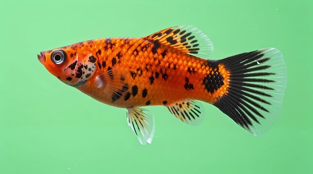 A molly fish with orange and black spotted body, isolated on a green background