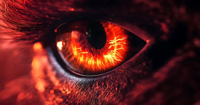 Close-up of a striking human eye with fiery red and orange hues, showcasing intense detail and emotion