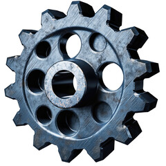 Detailed 3D Rendering of a Metallic Gear with Circular Holes and Jagged Teeth Isolated on a Transparent Background
