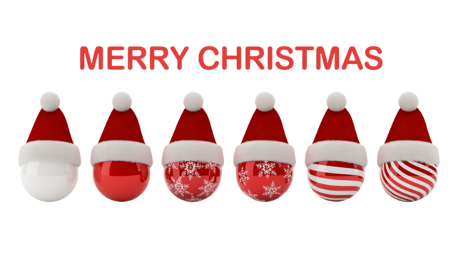 Festive Christmas balls wearing Santa hats, ready for holiday cheer