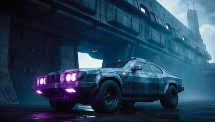 Futuristic armored car with purple lights parked in rainy dystopian city, industrial buildings glowing in background, cyberpunk atmosphere with dramatic lighting.
