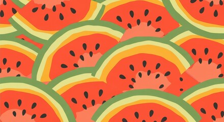 Fototapeta premium Slices of ripe fruit with seeds create a vibrant, overlapping seamless pattern background