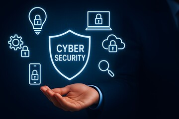 Cyber security protection concept with shield and secure technology icons