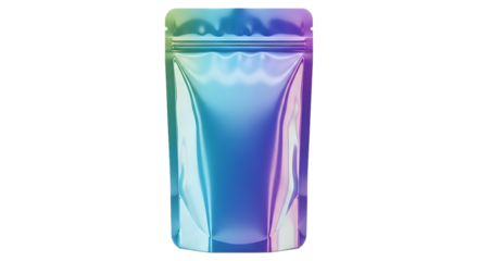 A reflective pouch with a vibrant blue liquid is viewed from the front against a white background