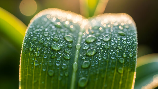 Close up of a green leaf with dew drops in morning sunlight