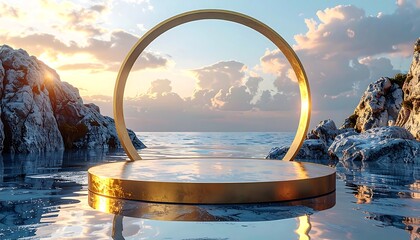 A gold circular podium in tranquil waters, framed by rocky cliffs and a serene sunset sky, reflections shimmering