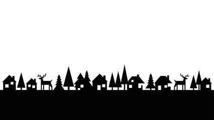 Simple vector illustration of a festive winter village skyline with reindeer and pine trees
