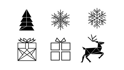 Festive Holiday Icons Christmas Tree, Snowflake, Gift Boxes, and Reindeer in Geometric Style