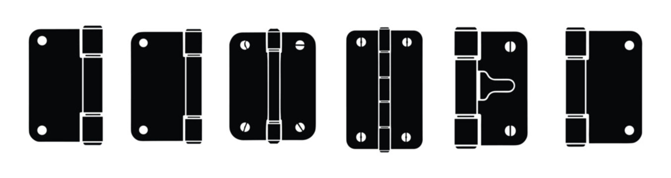 Collection of door hinges icons. Isolated on a white background. Top, front, and open views of door hardware elements.