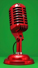 A vibrant, shiny red vintage microphone stands out against a bright green background. The metallic device is glossy and detailed