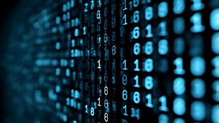 Dark abstract digital background with repeating vertical lines and white text displaying binary code and numerical sequences for technology concepts - Powered by Adobe