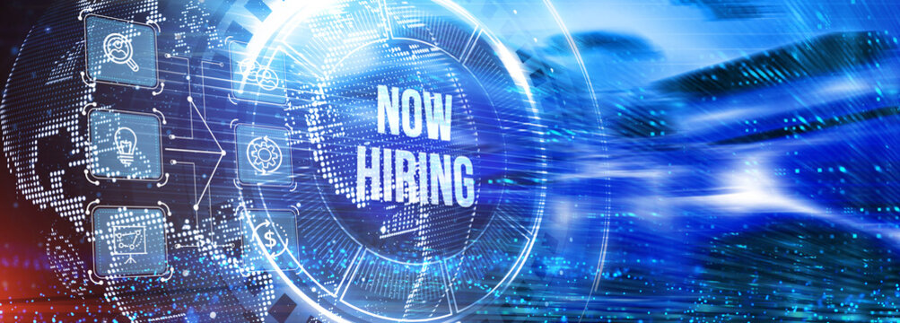 Business, Technology, Internet and network concept. NOW HIRING inscription, modern technology business concept. 3d illustration