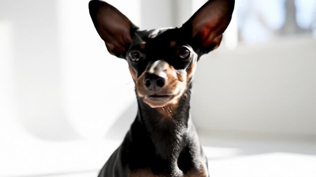 Miniature Pinscher Dog Smiling With Tongue Out Indoors