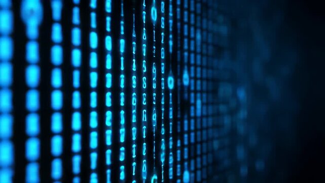 Dark digital background featuring a complex pattern of binary code and numerical sequences creating a futuristic and technological abstract visual representation