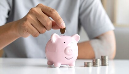 A hand drops a coin into a pink piggy bank, with three stacks of coins beside it on a white table