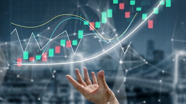 This image features a hand reaching toward financial charts that depict market growth trends and data analytics, symbolizing insight and potential success in business. Copula - Powered by Adobe