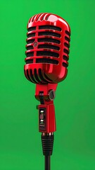 A vibrant, shiny red retro microphone against a vivid green backdrop. Its classic design and polished surface give it a striking appearance