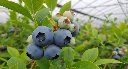 Fresh Ripe Blueberries Growing on Bush in Greenhouse Farm for Healthy Organic Produce