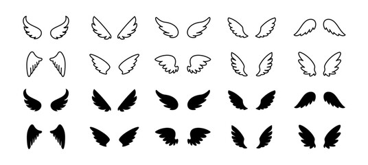 Wings icon set. Angel or bird wings symbol. Vector illustration.