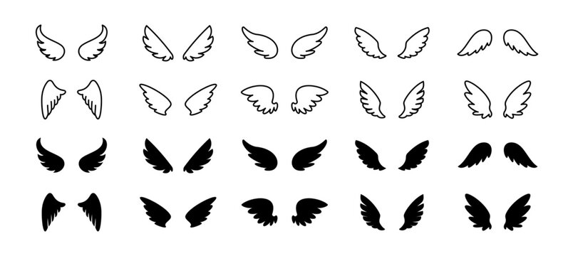 Wings icon set. Angel or bird wings symbol. Vector illustration.