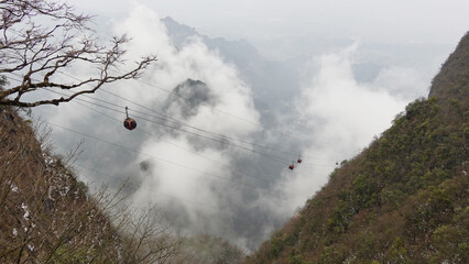 Zhangjiajie National Forest Park cliff mountain at Wulingyuan Hunan China, Cable way in Tianmen mountain, Cable car ride down the scenic Wulingyuan area of Zhangjiajie